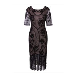 Vintage 1920s Gatsby Beaded Lace Flapper Dress with Sleeves, SMALL, 5N-138D001